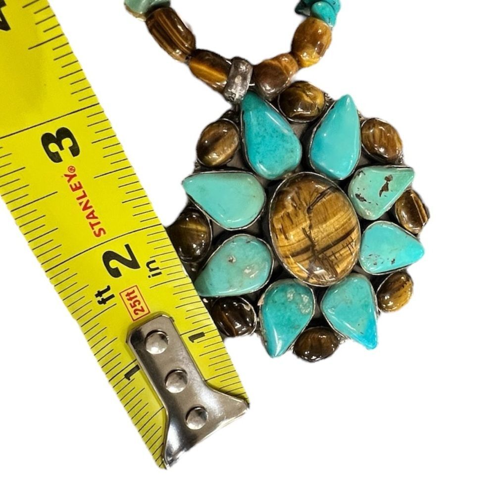 Large .925 Silver Tigers Eye & Turquoise Handmade Floral Natural Stone Necklace